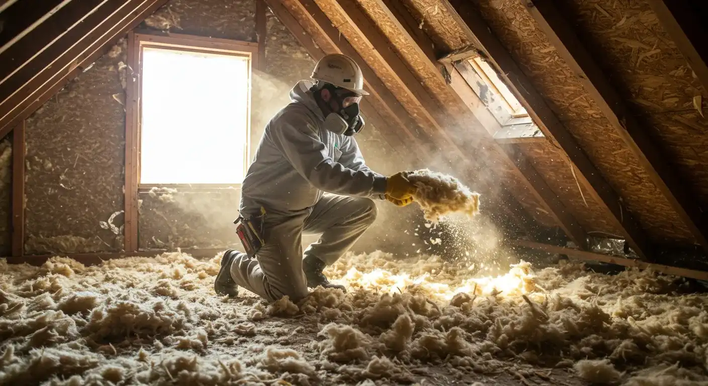 A contractor in a protective suit and mask kneels in an attic, collecting old insulation with his gloved hands. Dust and debris are visible in the bright sunlight from a nearby window.