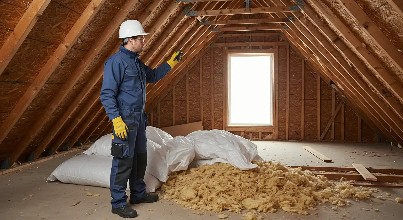 A contractor in a blue jumpsuit and hard hat stands in an attic, gesturing. The space is largely cleared of insulation, with a pile of the old material on the floor next to a few large white bags.