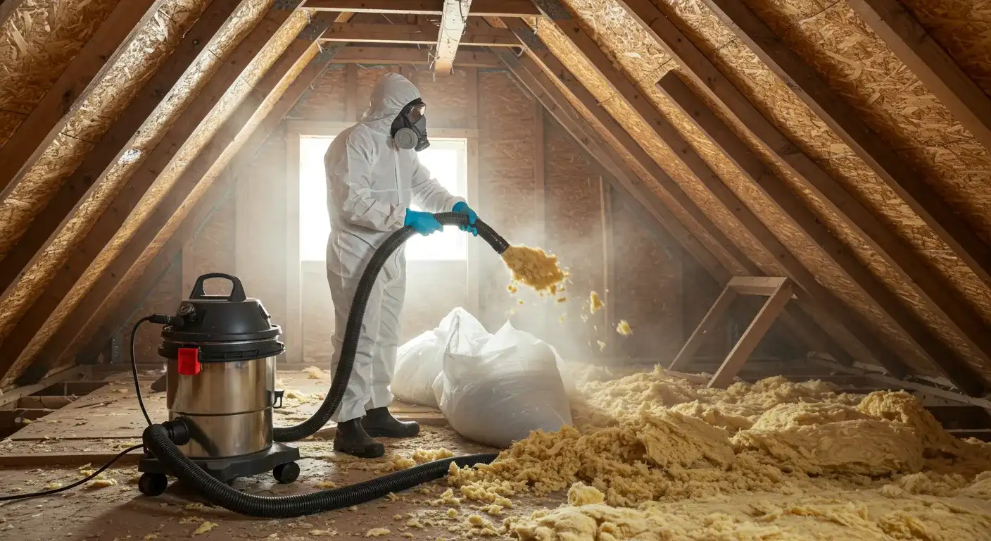 A contractor in a white protective suit and respirator uses a vacuum hose to suck up a pile of old, yellow insulation in a dusty attic. A large silver vacuum is on the floor nearby.