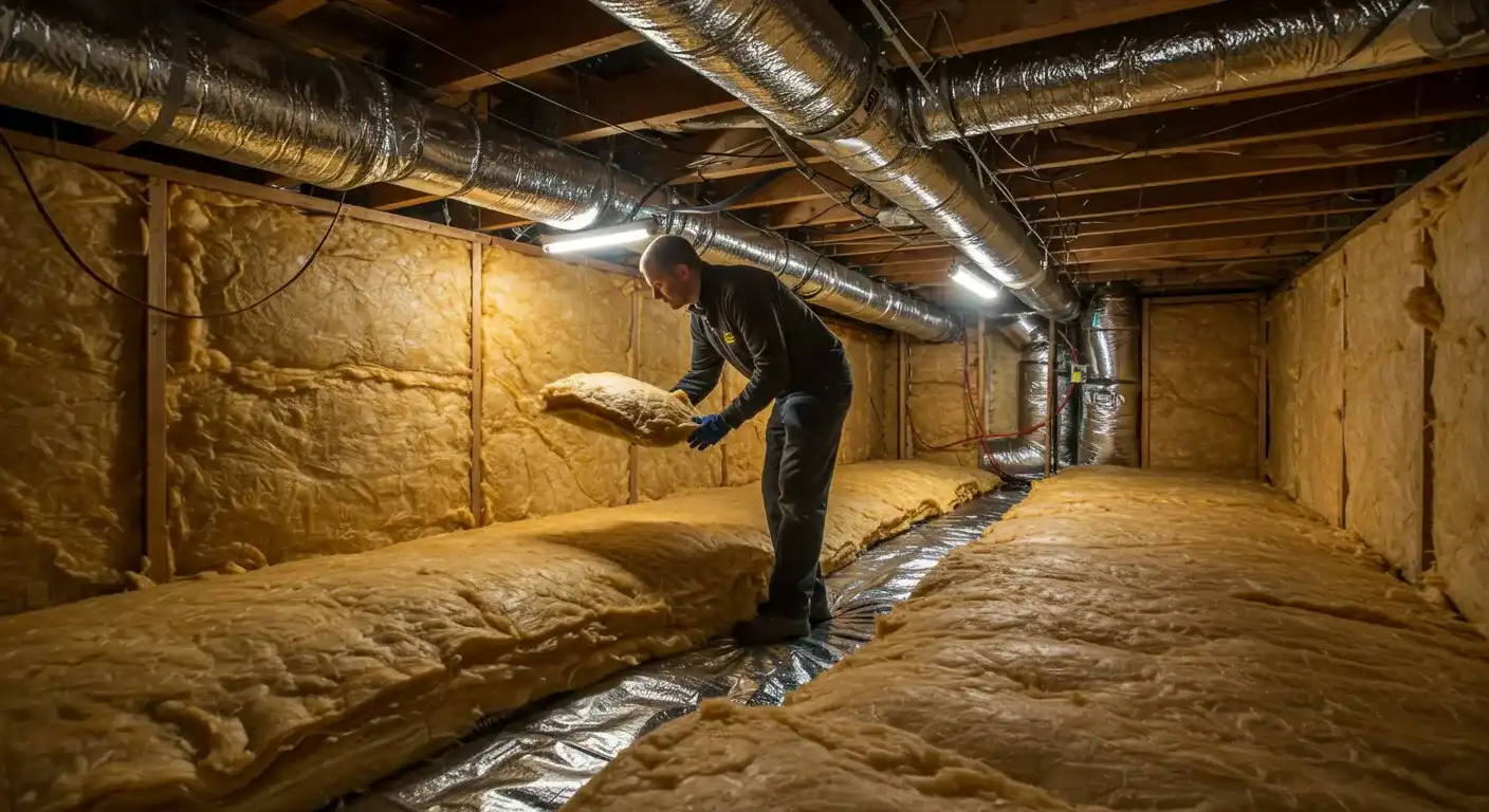 A male contractor in an unfinished attic or crawl space lifting a large roll of fiberglass insulation to inspect the area below.