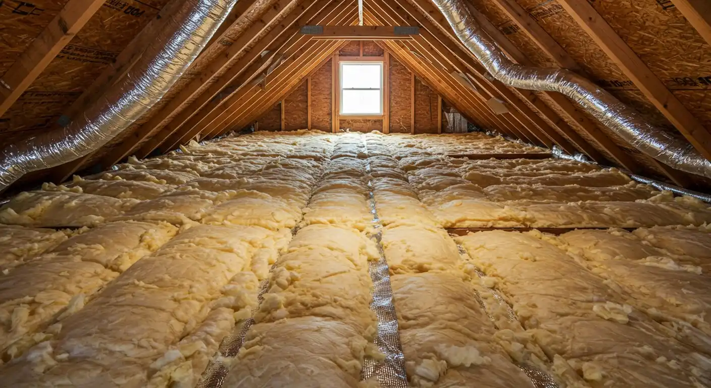 Installed fiberglass insulation in an attic.