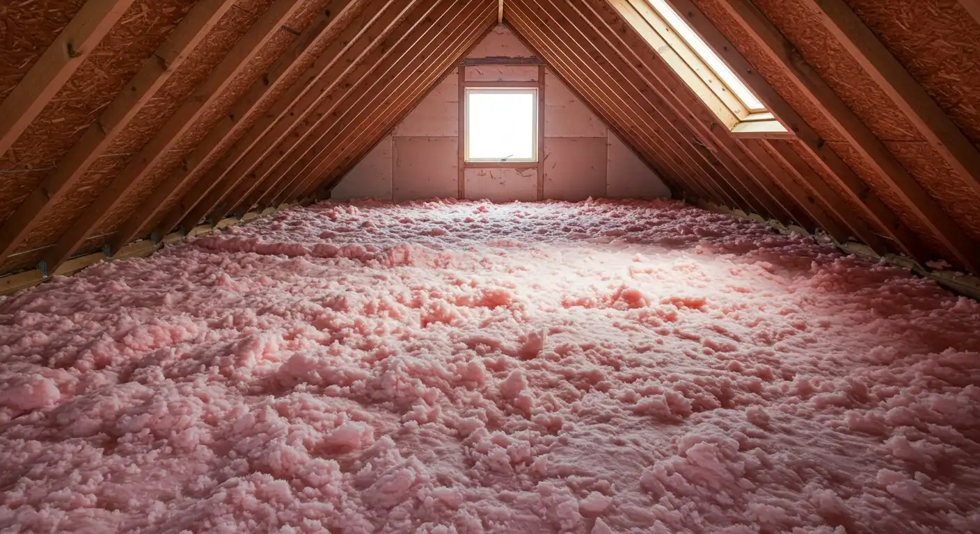 Pink insulation covering an attic floor.