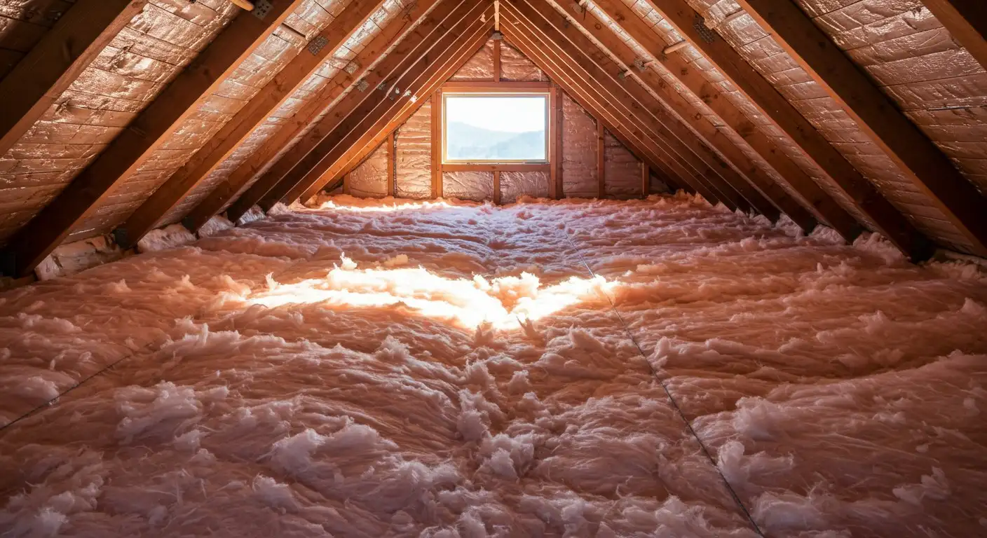 Pink fiberglass insulation in an attic.