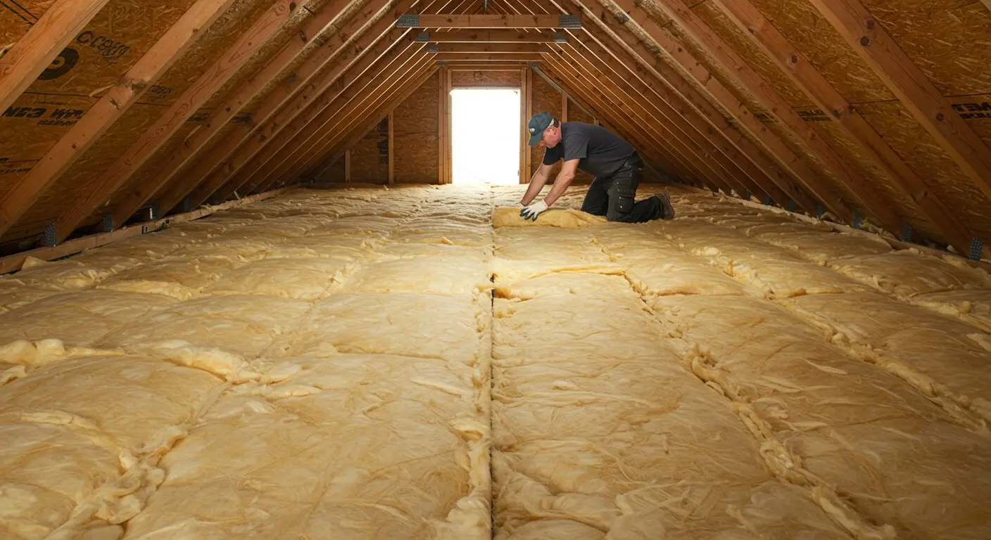 A worker installing attic insulation.