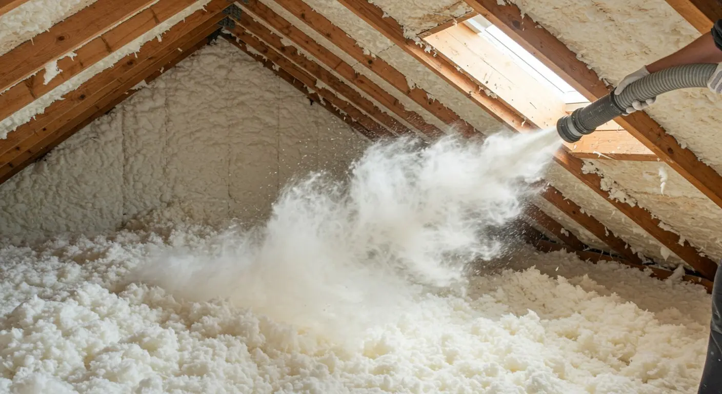 Blown-in insulation being installed in an attic.