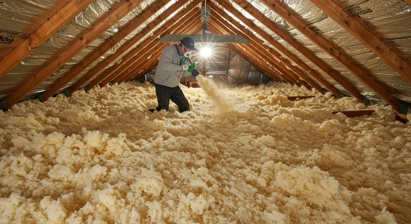 Man spraying insulation in attic.