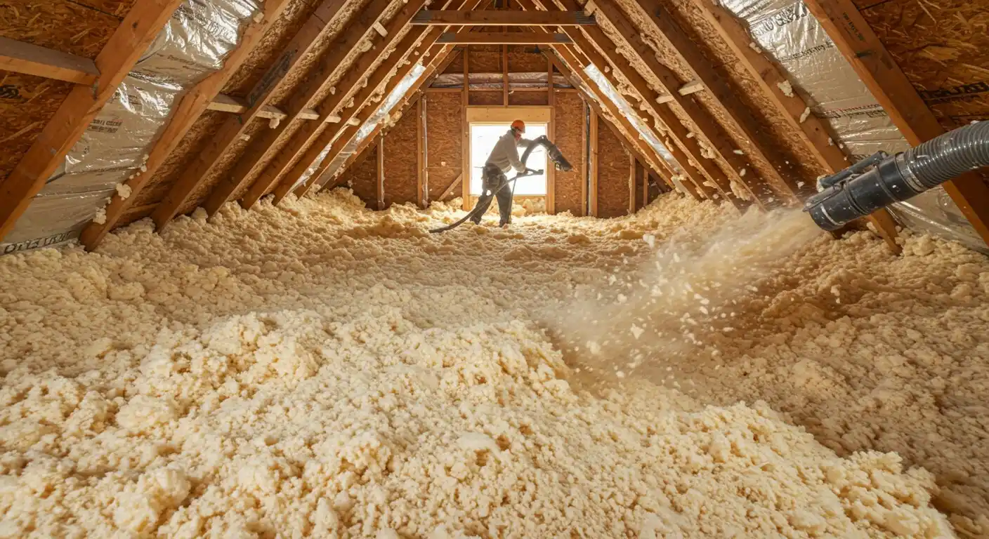 Two men insulating a large attic.
