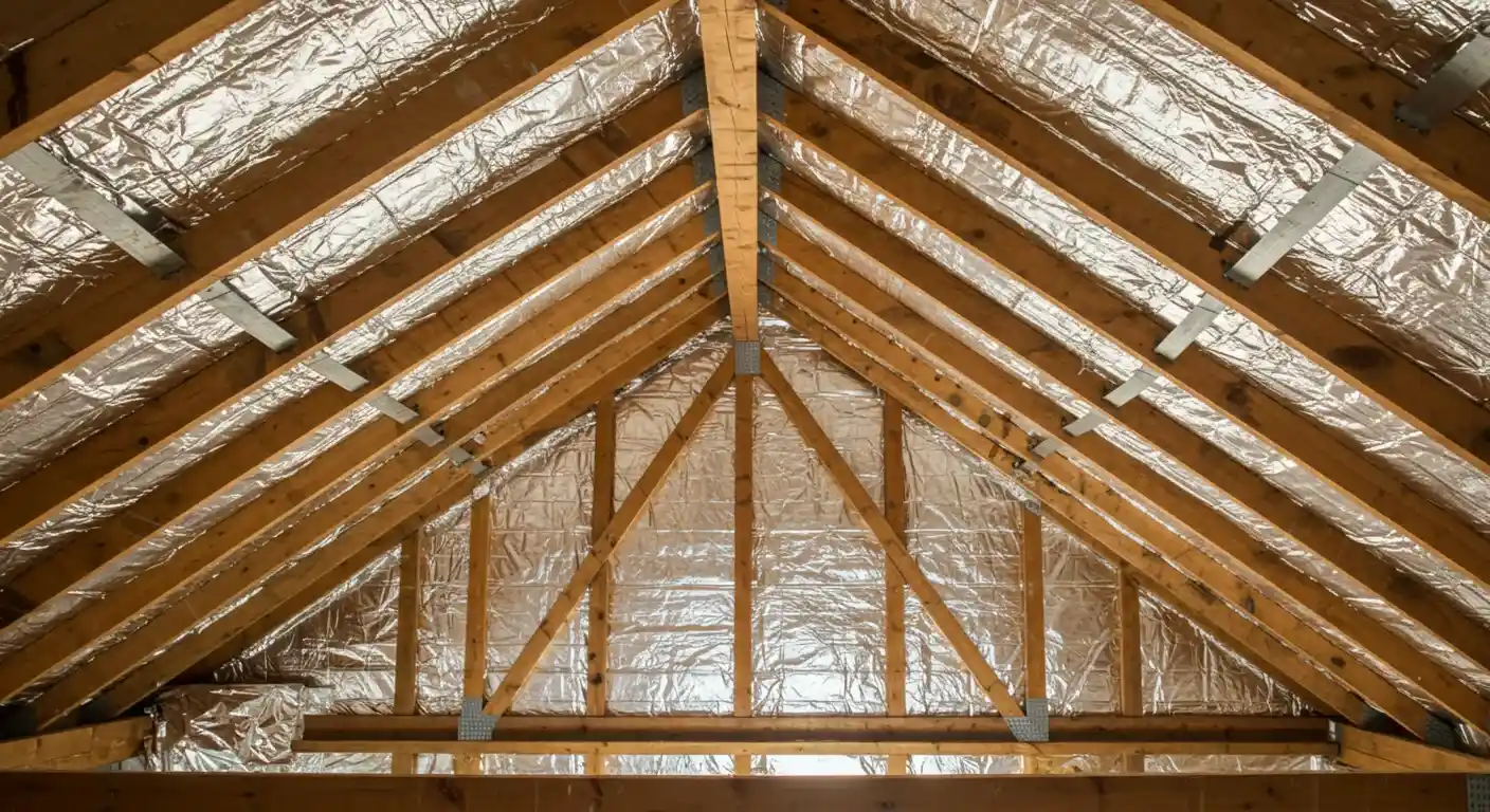 View looking up at the interior of an attic roof. The wooden rafters are visible, and a shiny, silver radiant barrier has been installed between them.