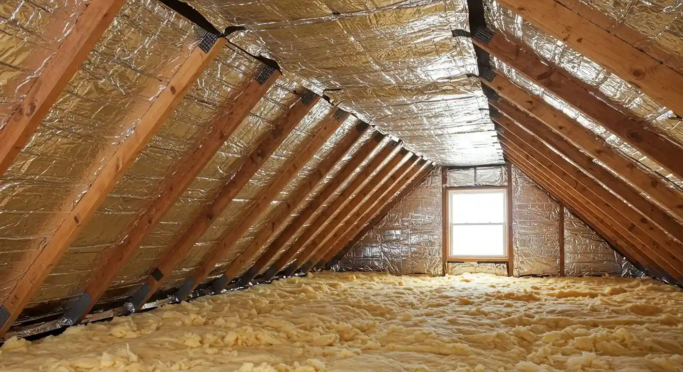An attic with insulation on the floor and a reflective radiant barrier on the roof deck. The gabled walls are also covered with the barrier.