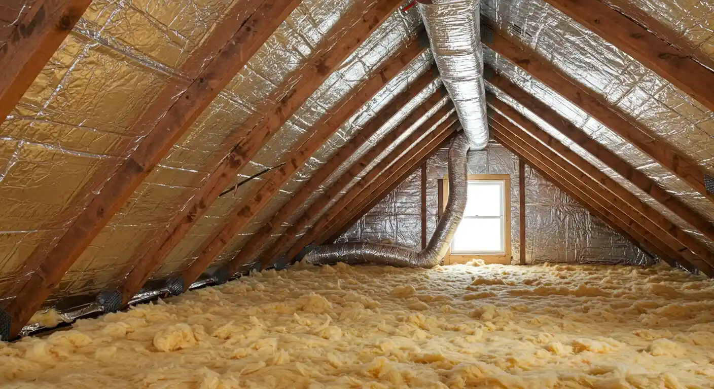 An attic covered with loose yellow insulation. The wooden roof rafters are lined with a radiant barrier, and a silver ventilation pipe runs to a window at the end.