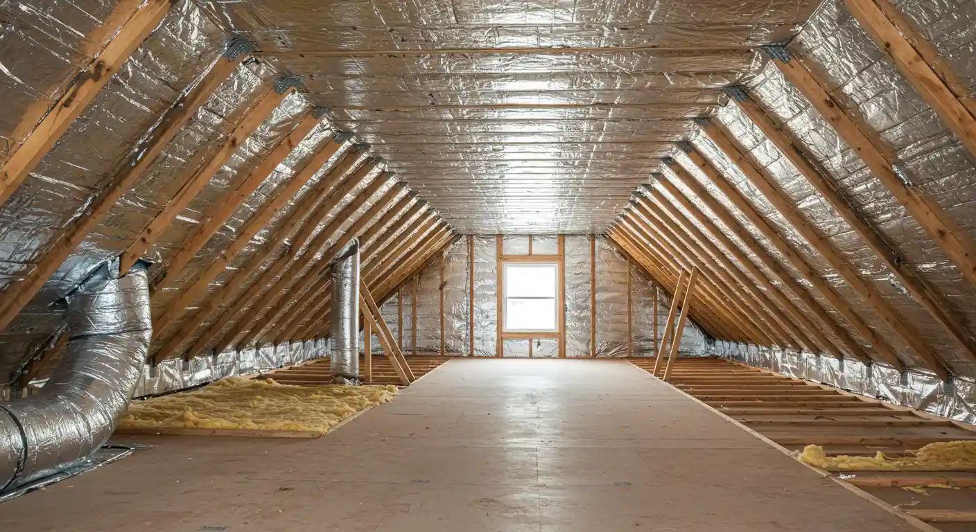 A spacious, unfinished attic with a reflective radiant barrier on the roof. A long central walkway of plywood is visible, and large silver ductwork runs along the side.
