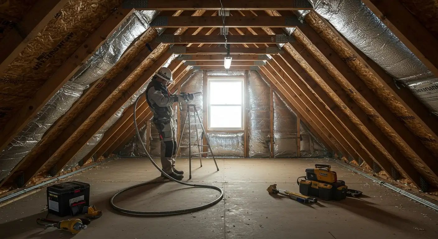 A construction worker installing attic insulation.