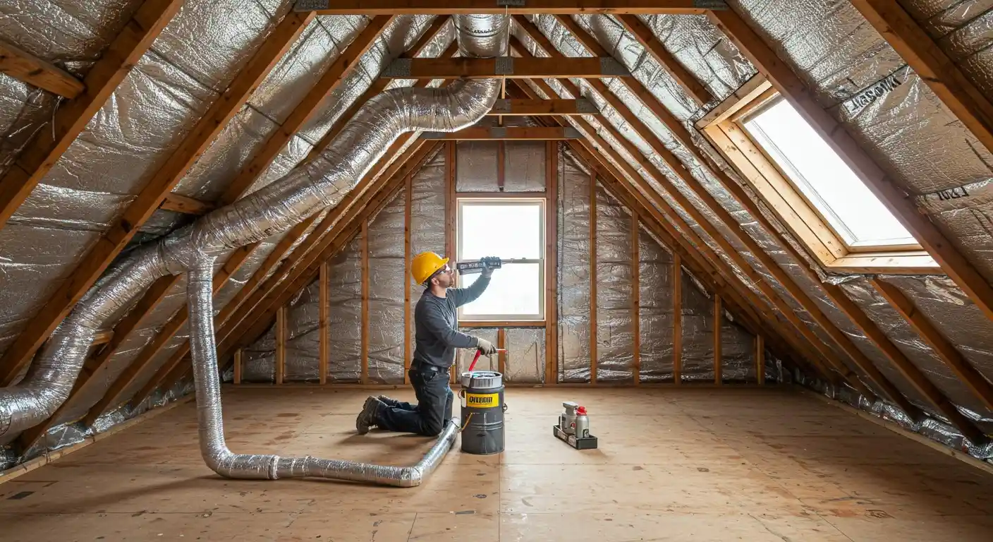 A worker spraying foam insulation in an attic.