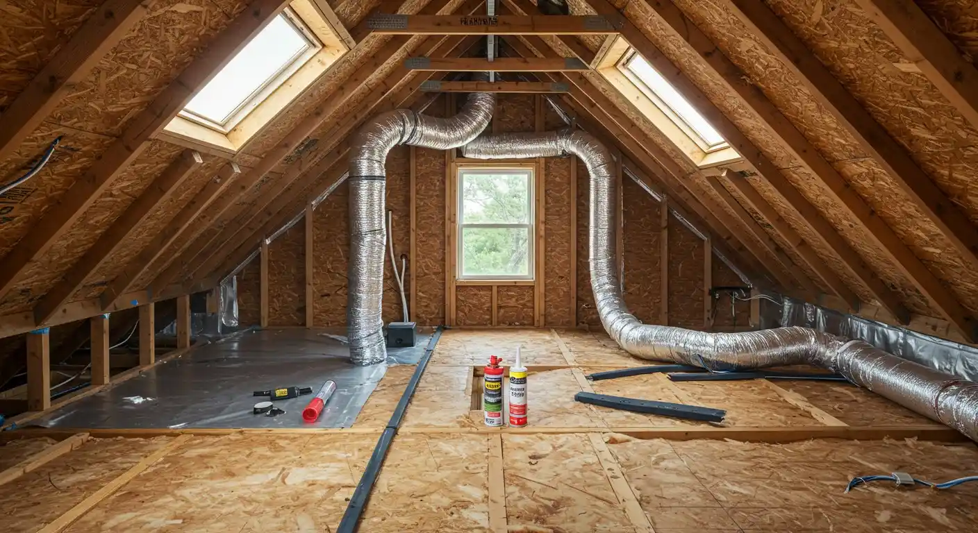 An attic under construction with ductwork.