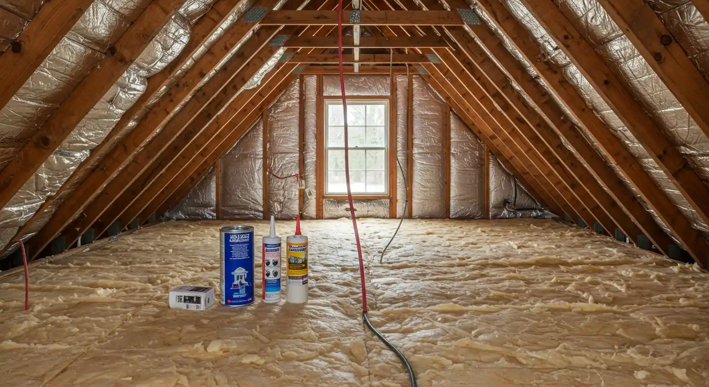Newly installed insulation in an attic.