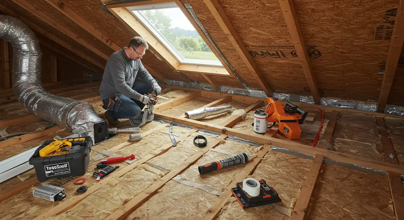 A man installing ductwork in an attic.