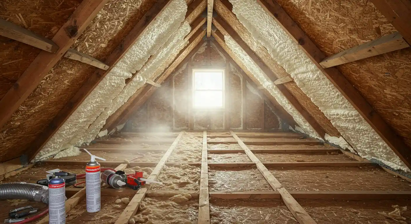 Partially installed insulation in an attic.