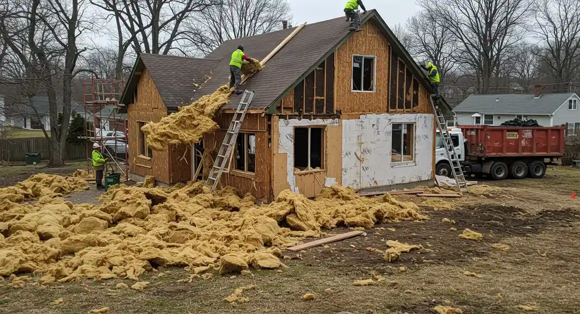 Workers demolishing and renovating a house.