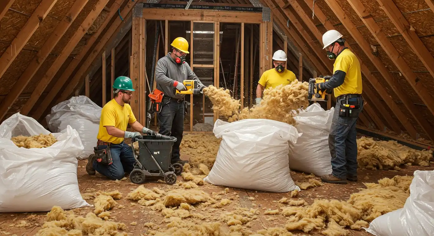 Workers removing old attic insulation.