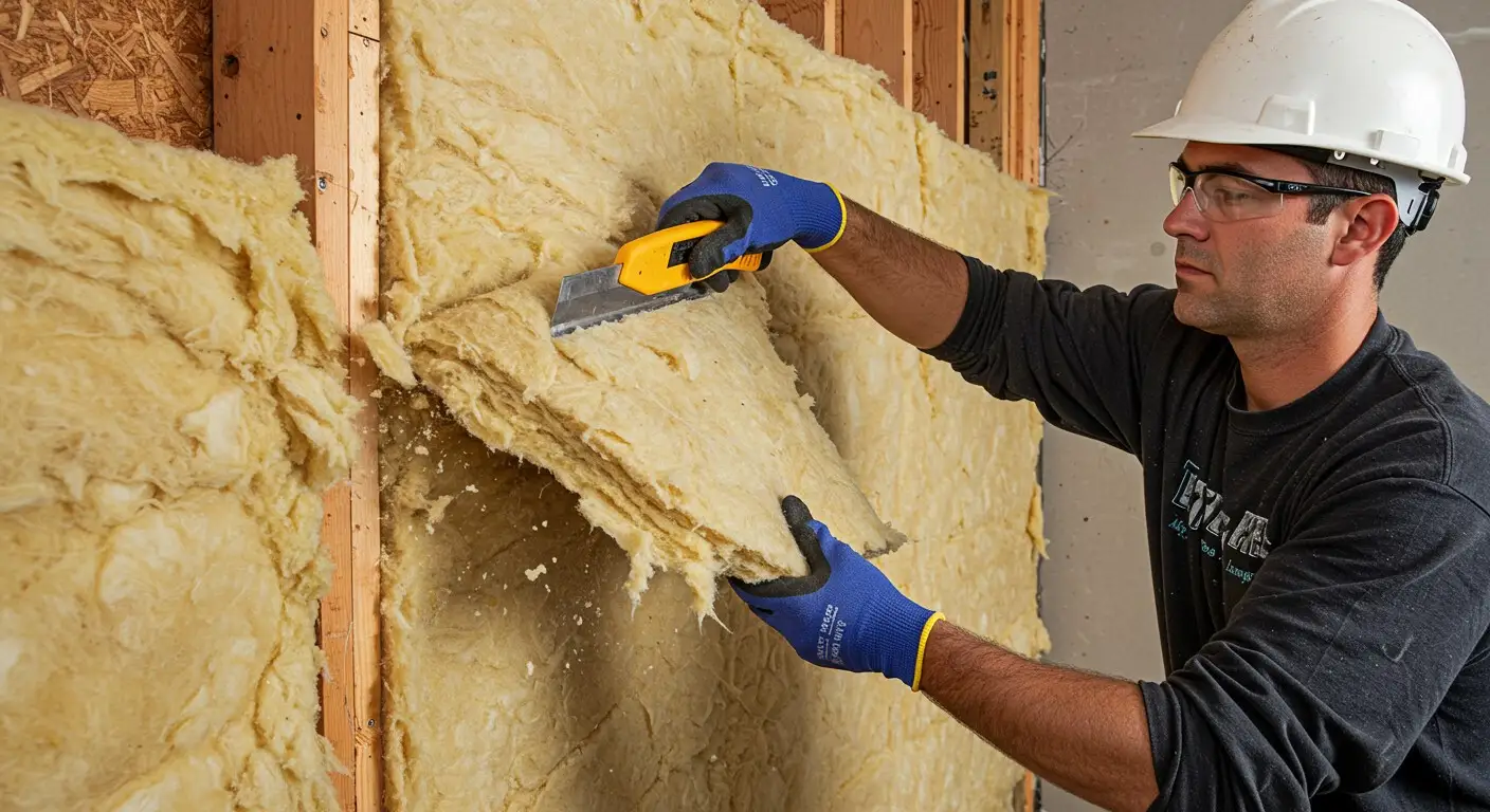 A construction worker installing wall insulation.