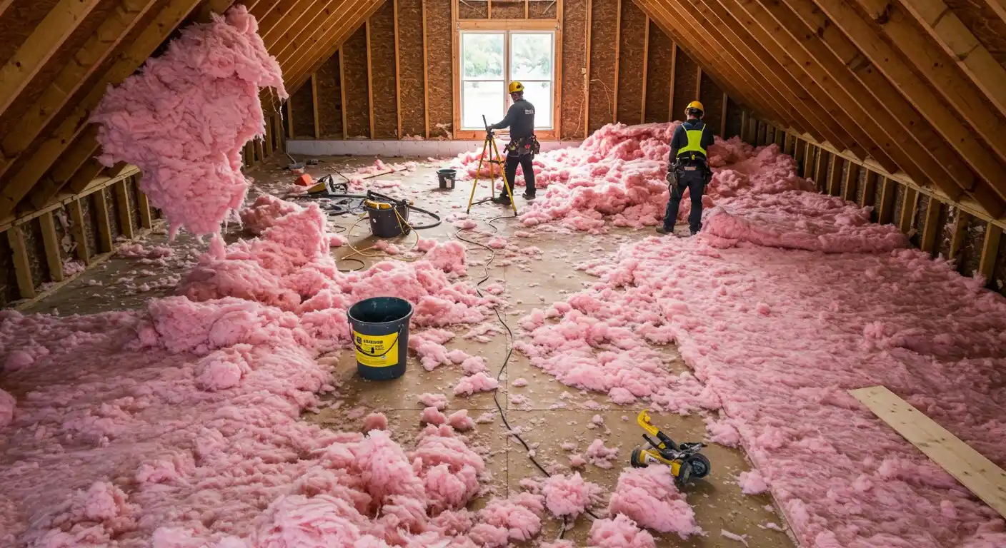 Workers with pink attic insulation.