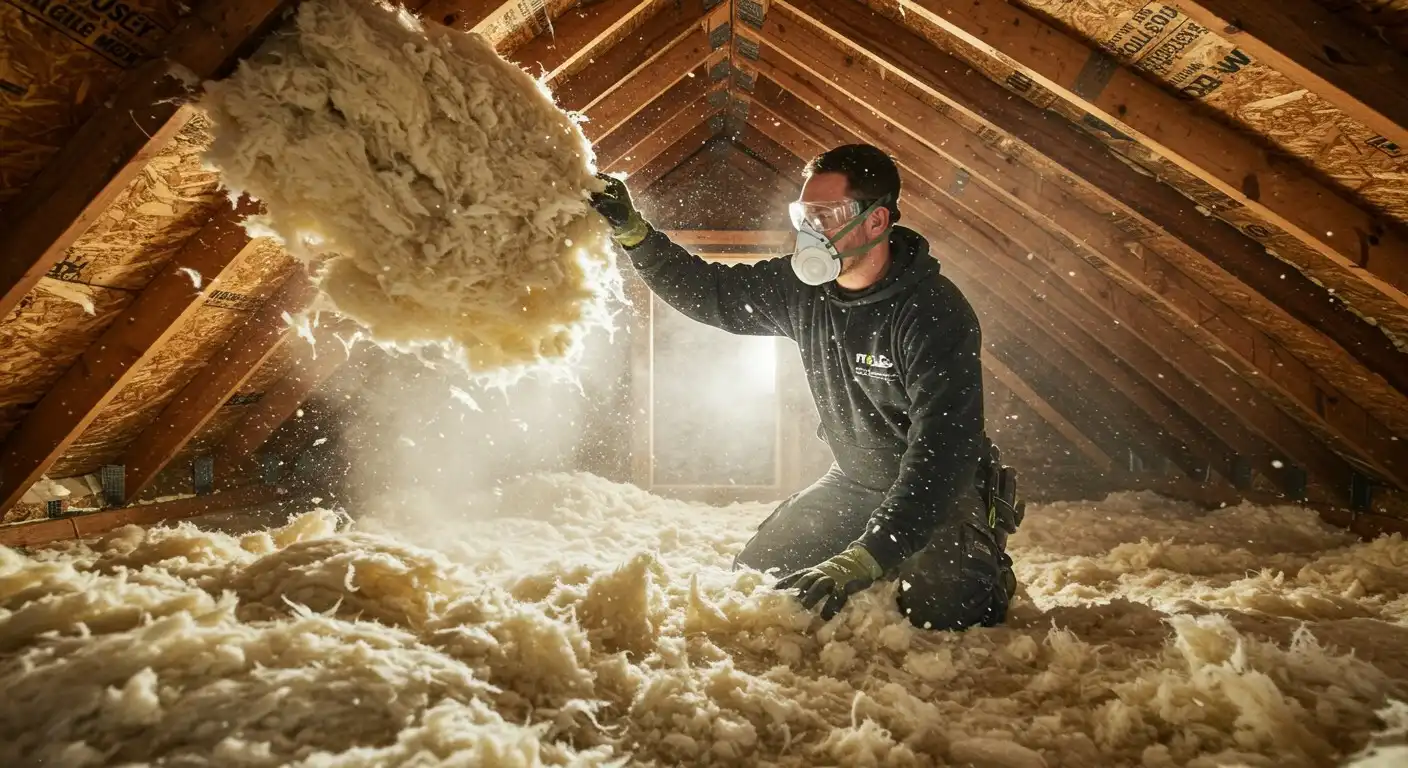 A person installing attic insulation.