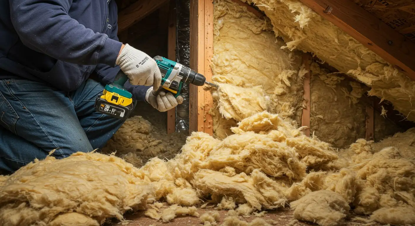 A man drilling into attic insulation.