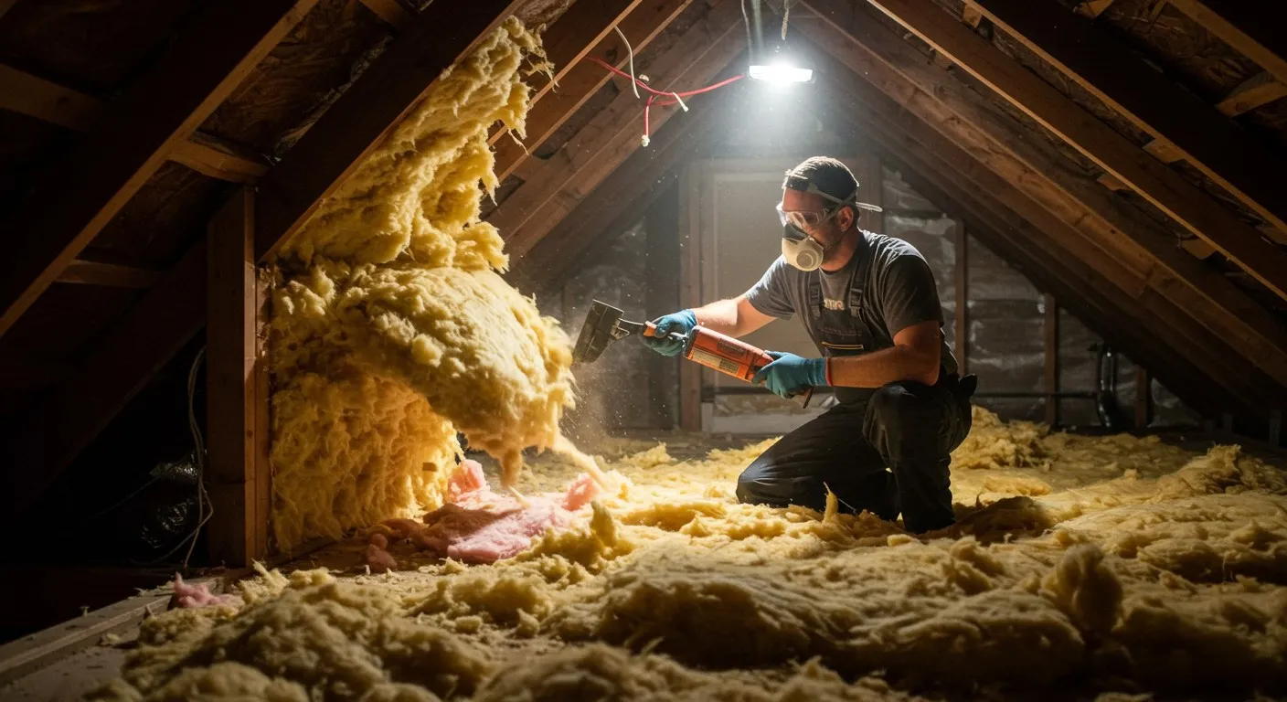 A person removing old attic insulation.