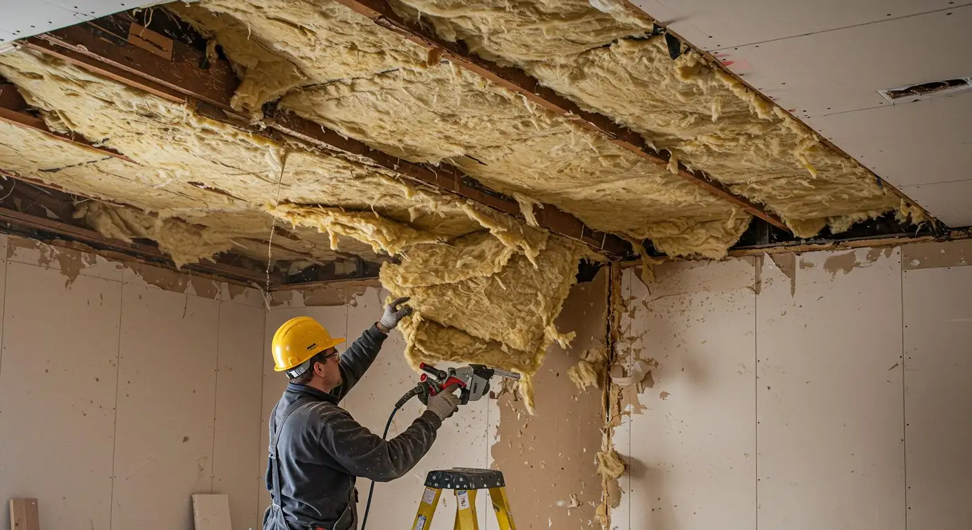 A man removing ceiling insulation.