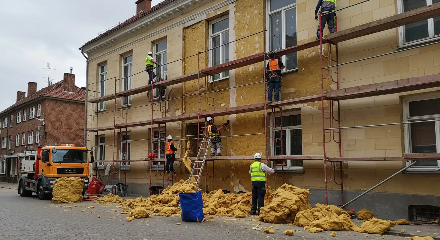 Workers removing insulation from a building.