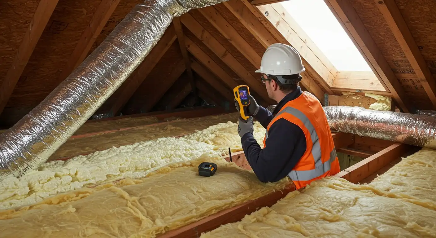 A technician checking insulation in an attic.