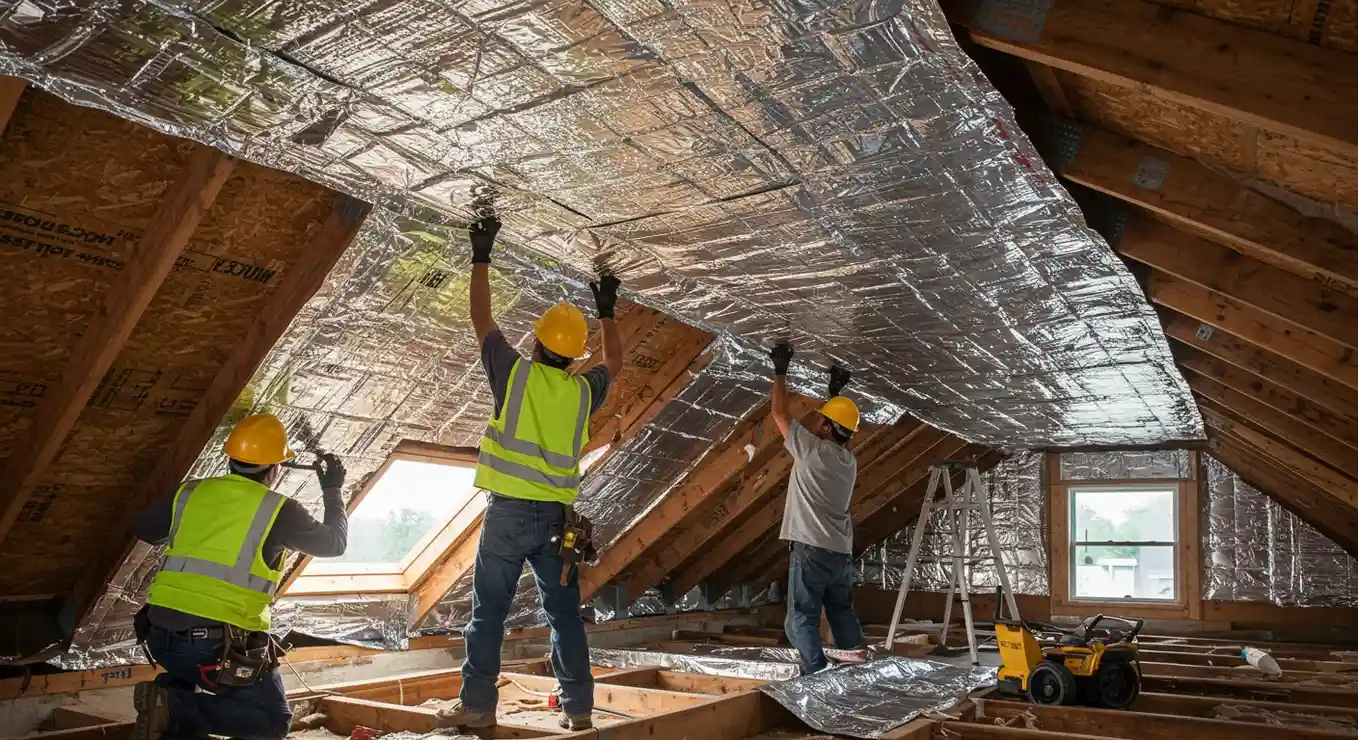 Workers installing radiant barrier in an attic.