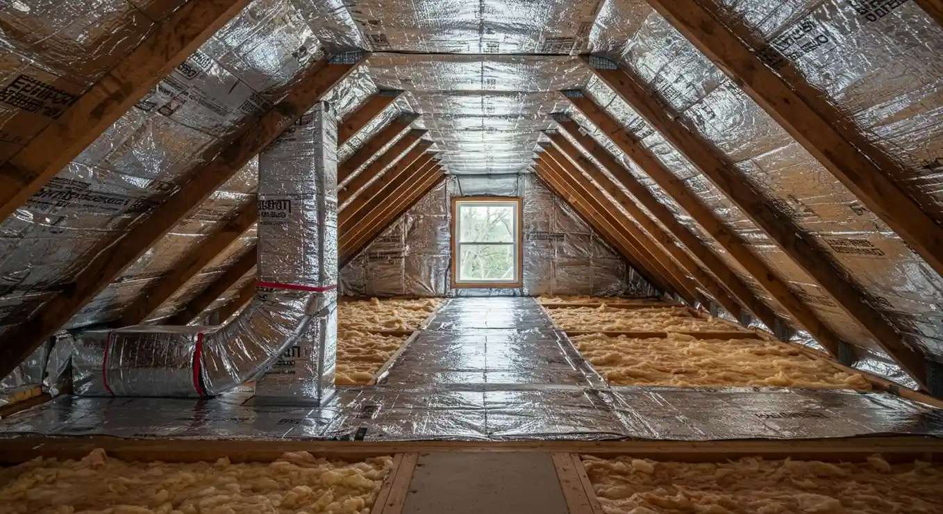 Insulation and radiant barrier in an attic.