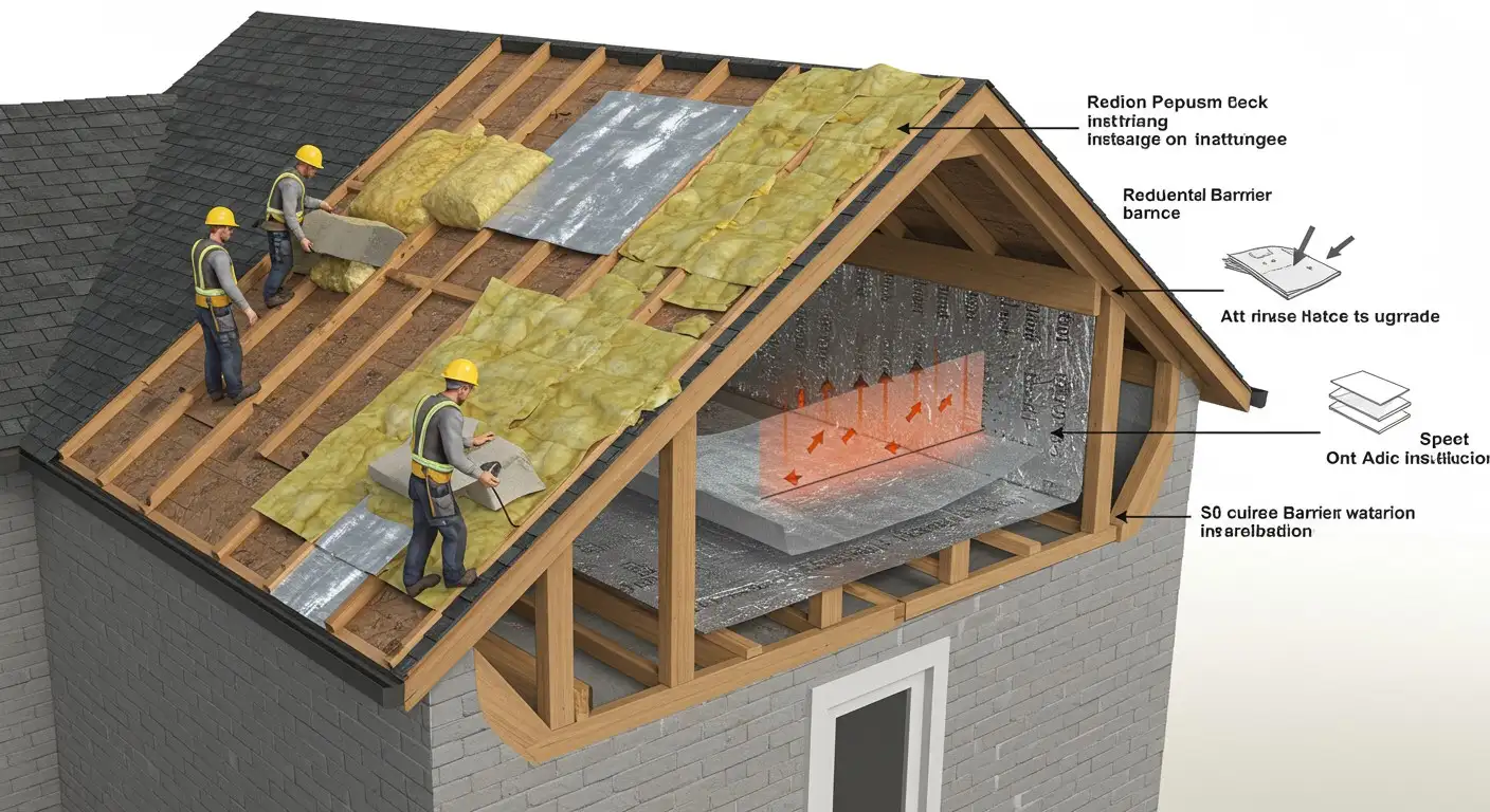 Workers installing roof and attic insulation.