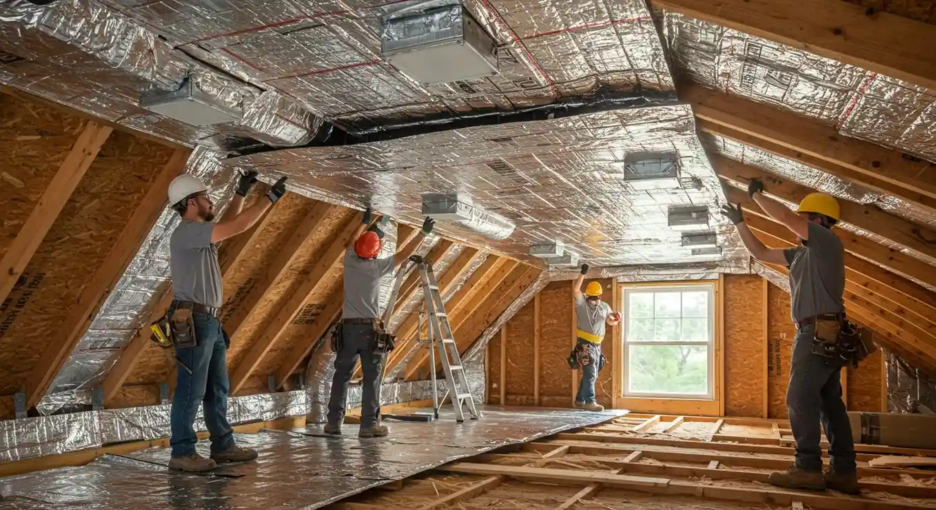 Workers installing insulation in a house.