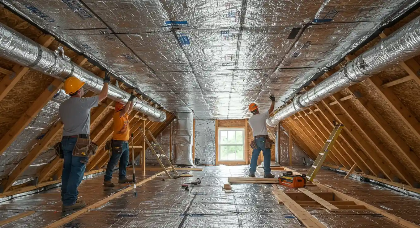 Workers installing insulation and ductwork.
