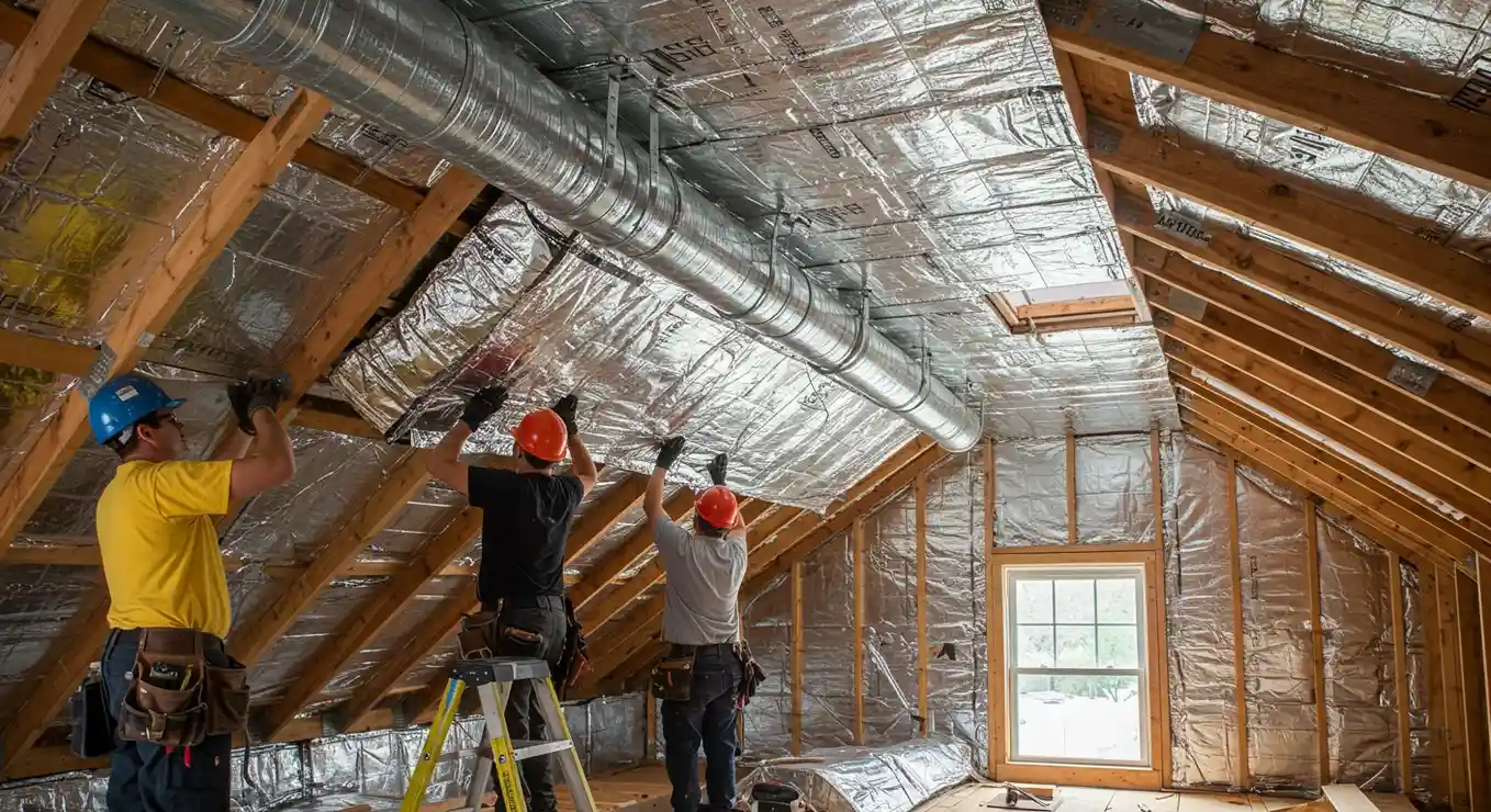 Workers installing insulation in an attic.