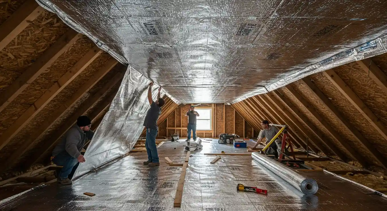 Workers installing insulation in a house.
