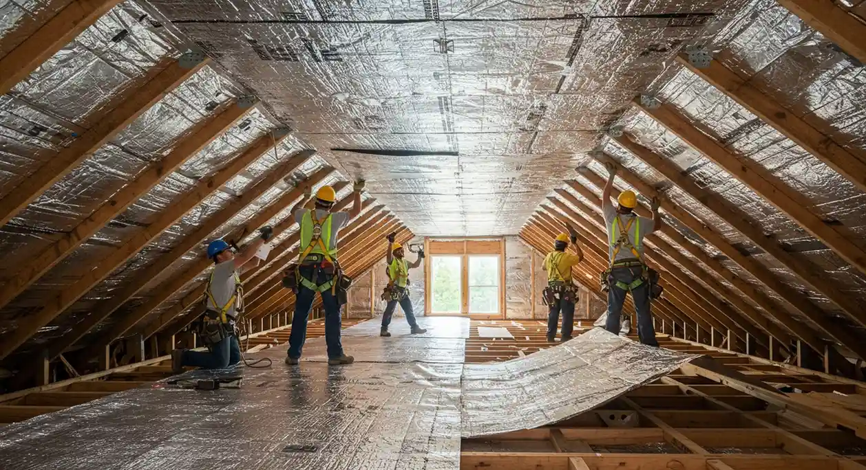 Workers installing a reflective insulation ceiling.