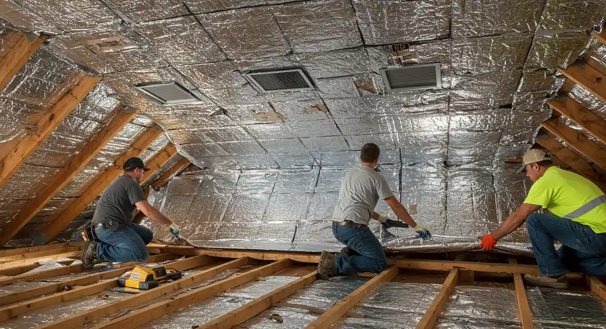 Workers installing insulation in an attic.