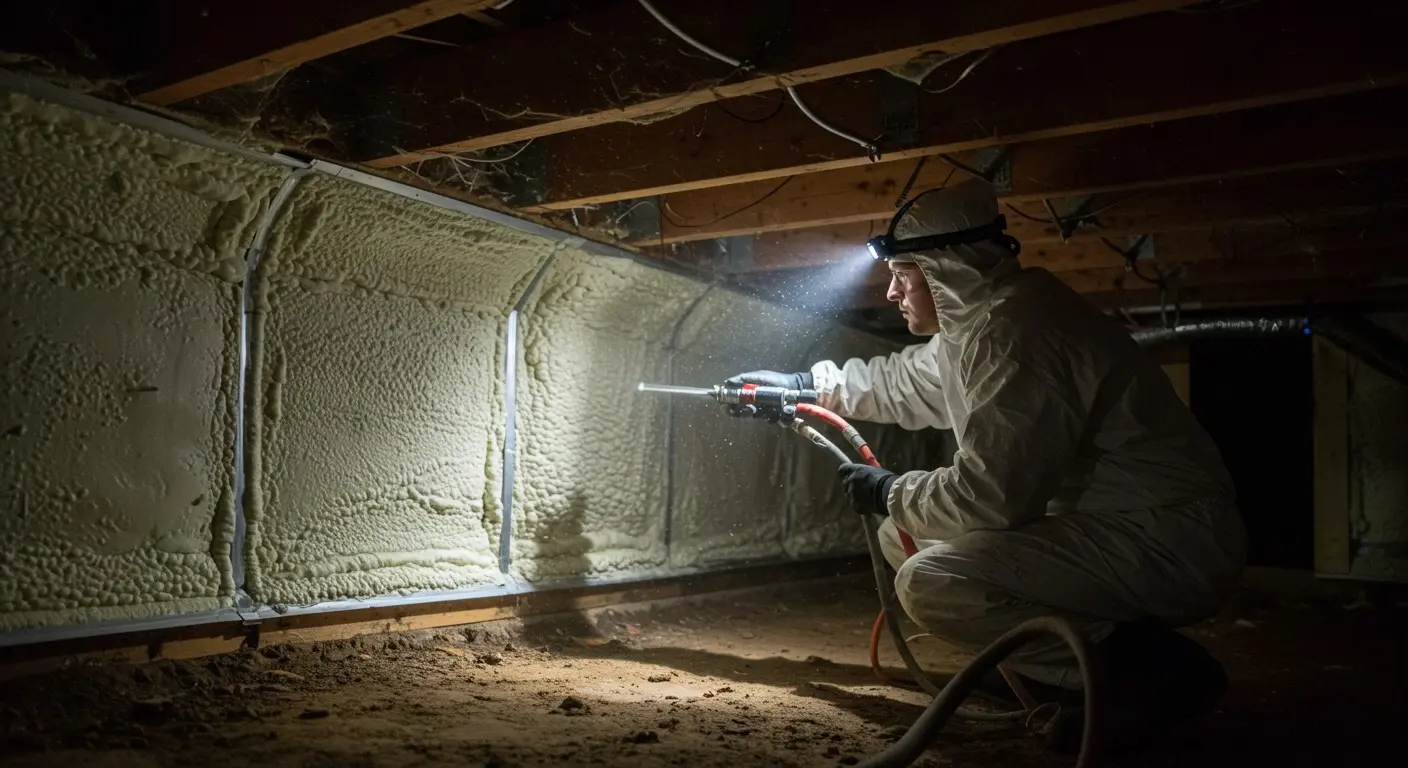A technician spraying crawl space insulation.