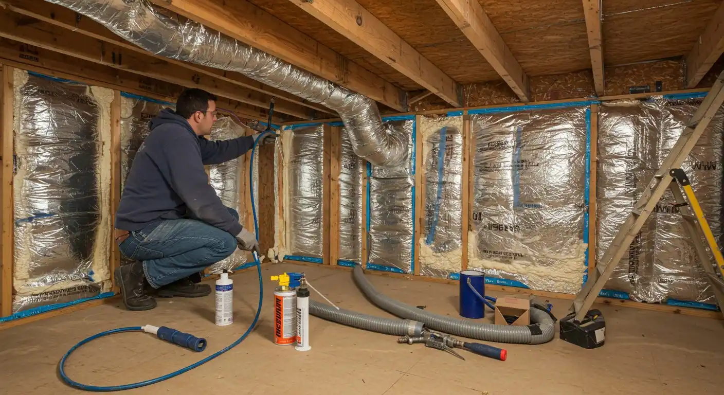 A person insulating a basement wall.