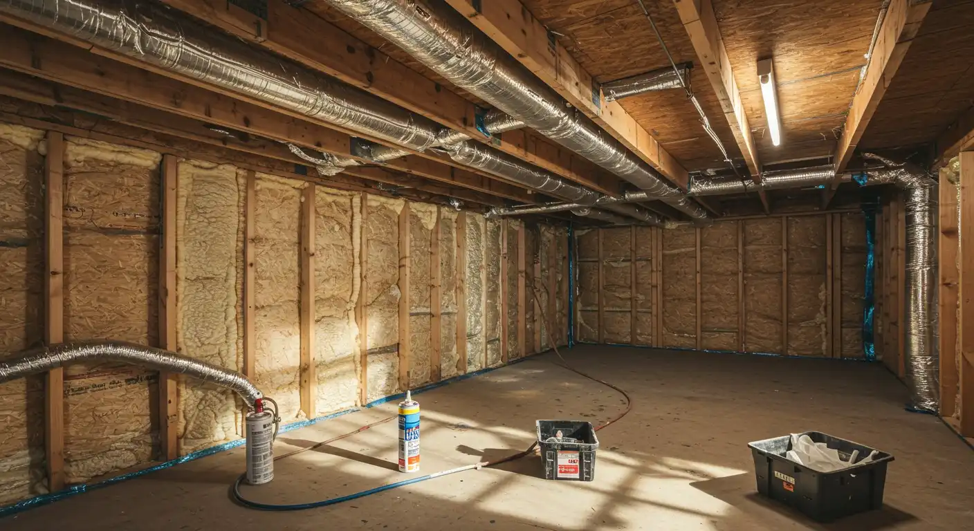 A foam-insulated unfinished basement.