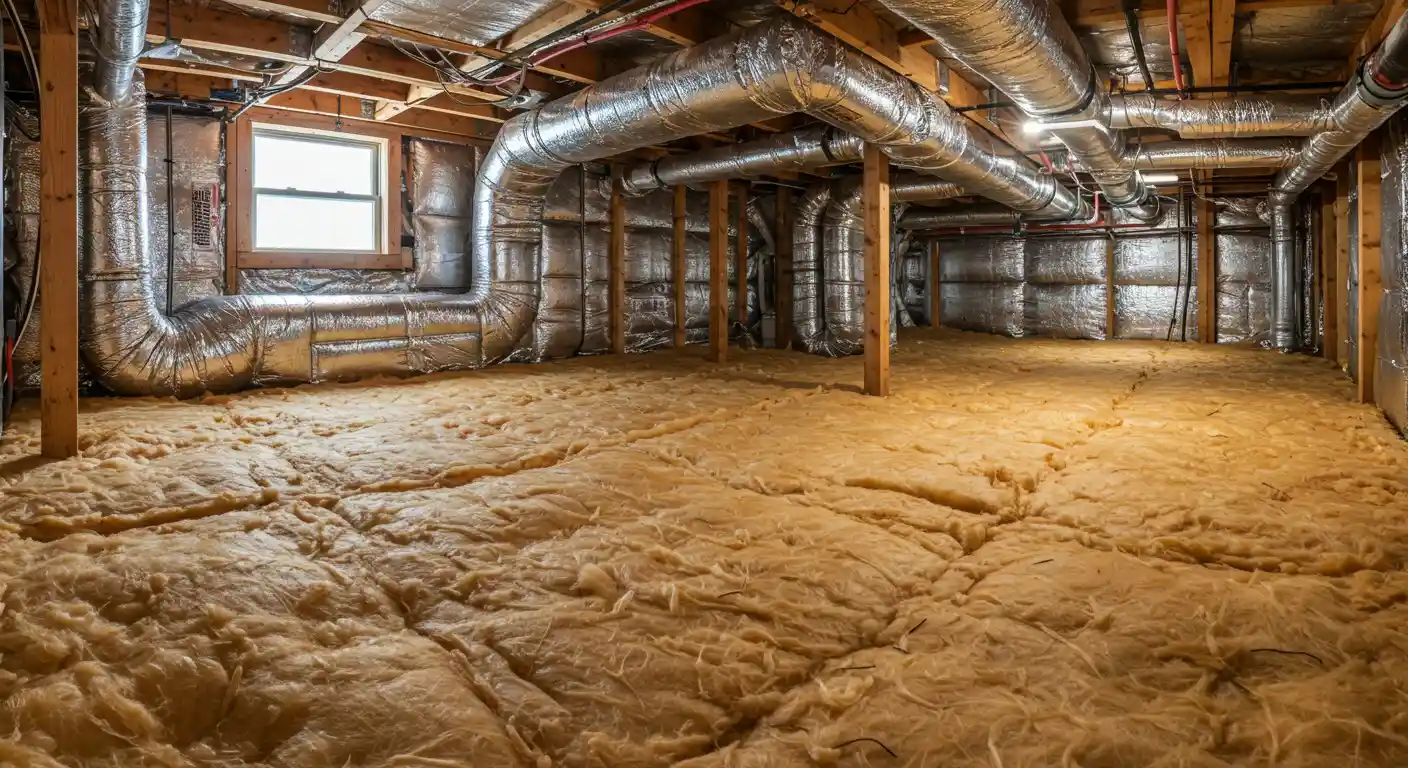 Fiberglass insulated basement and ductwork.