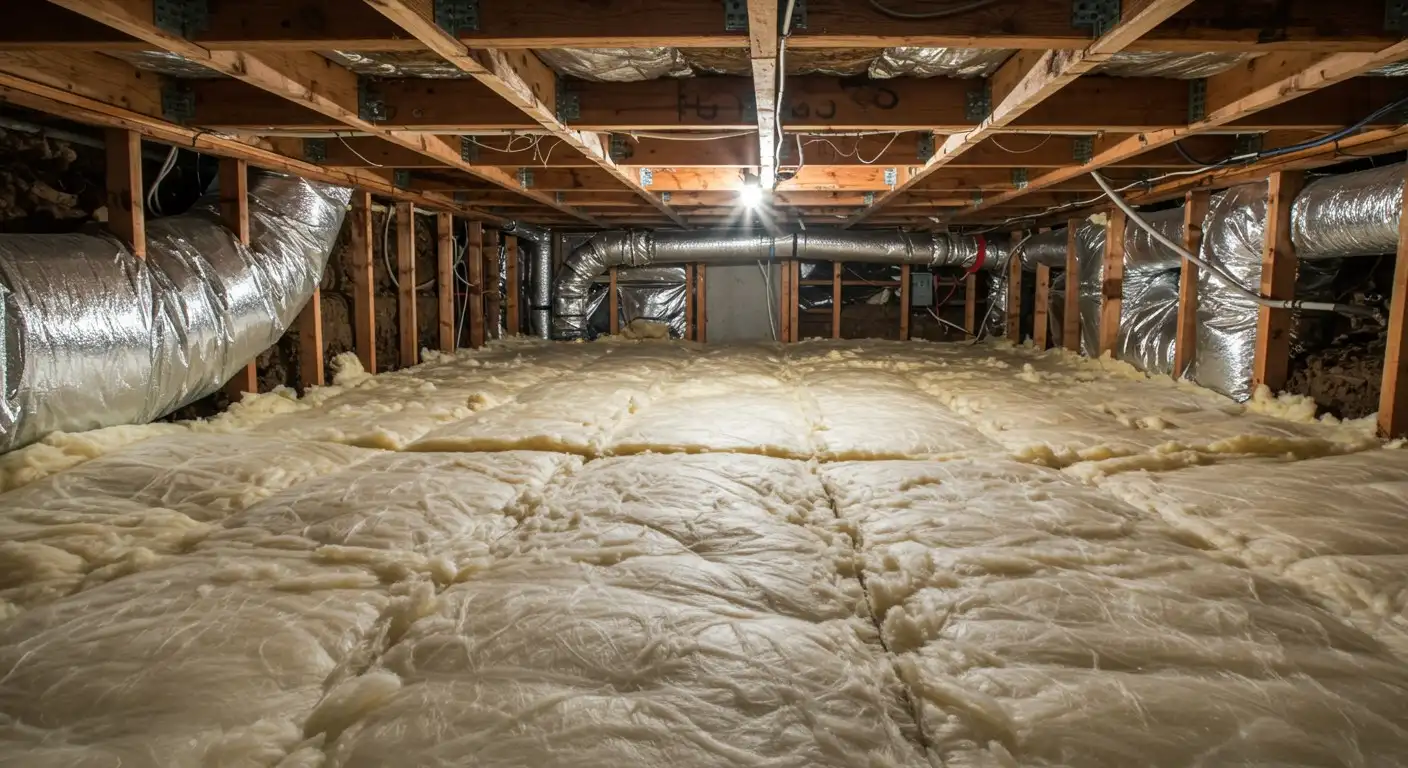 Insulated basement with exposed floor joists.