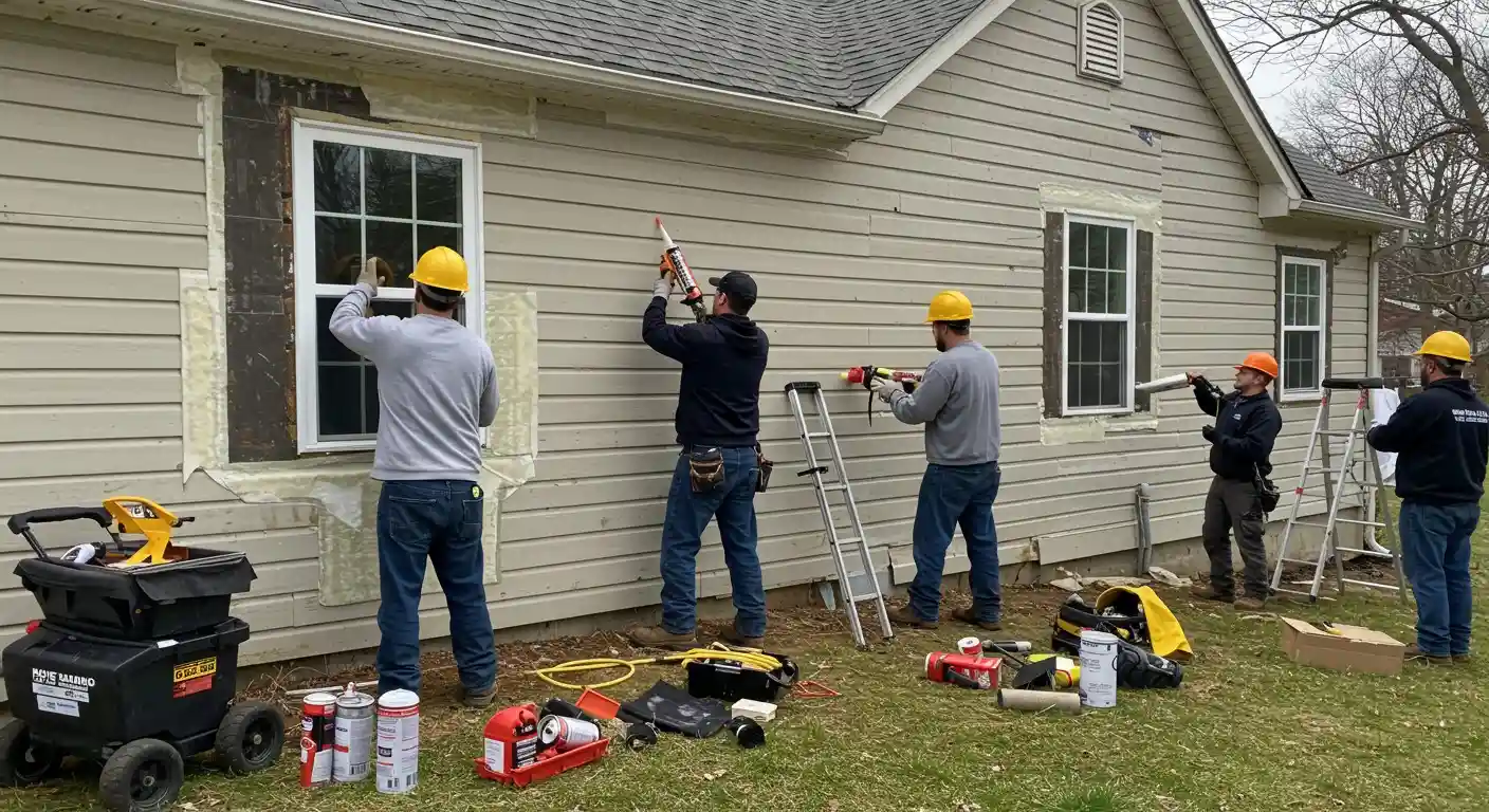 Workers adding sealant around windows.