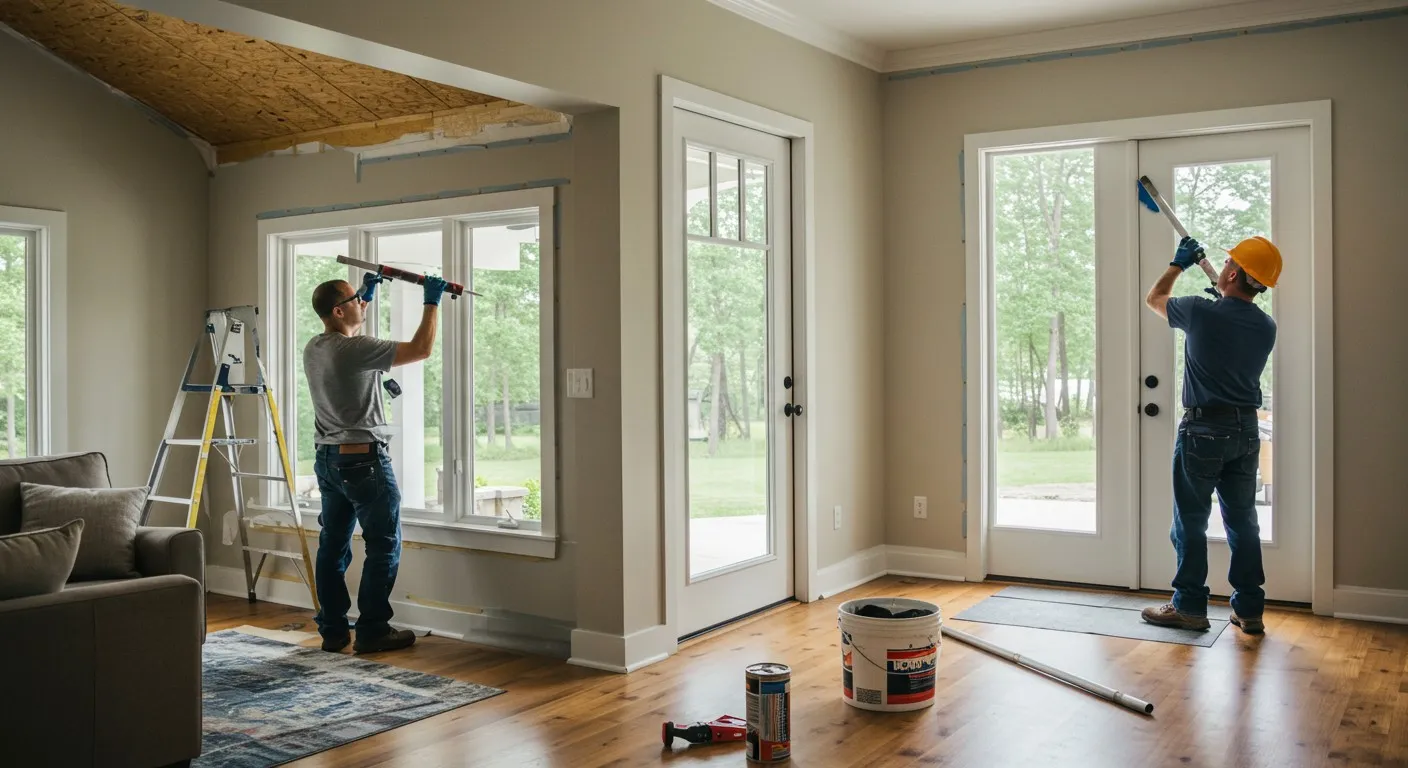 Two men sealing window gaps indoors.