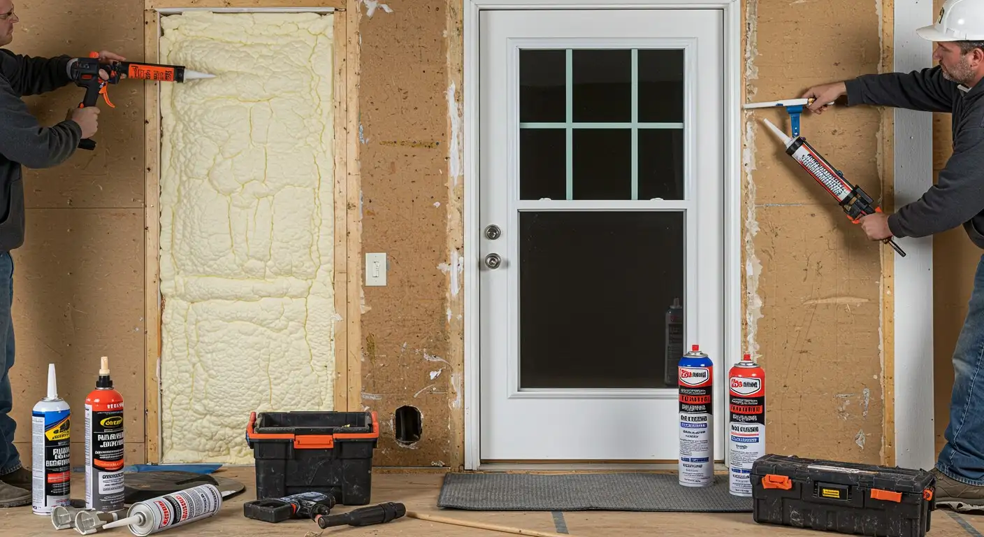 Two men sealing a doorway.