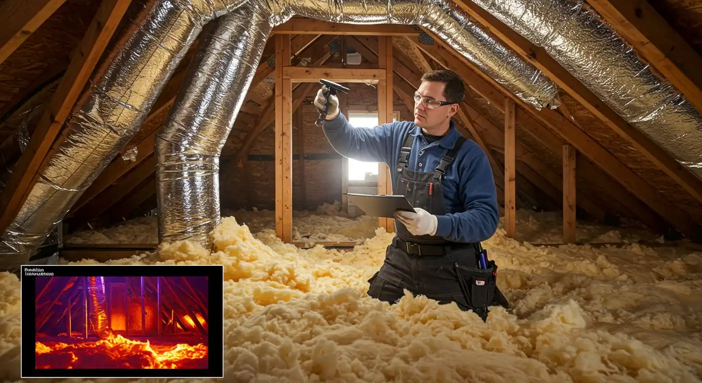Technician checking attic with thermal camera.