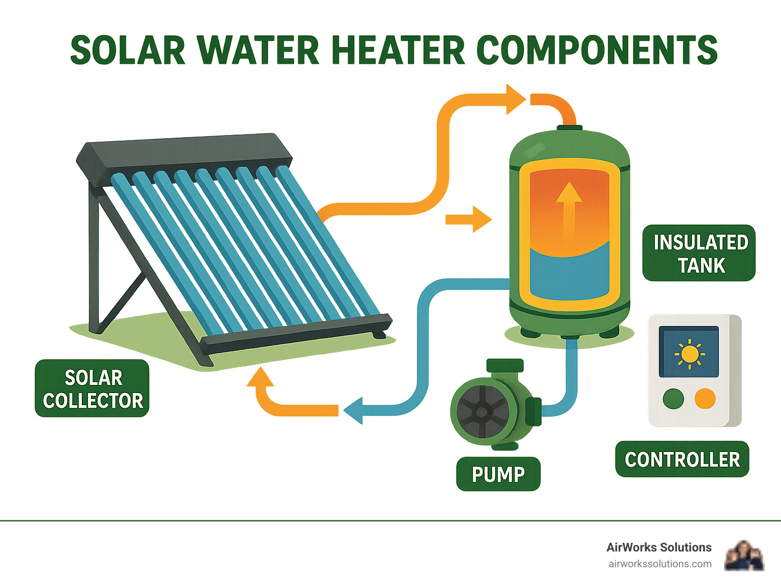 Infographic showing solar water heater components including solar collector, insulated tank, pump, and controller with arrows indicating water flow and heat transfer process - 20 liter solar water heater price infographic 
